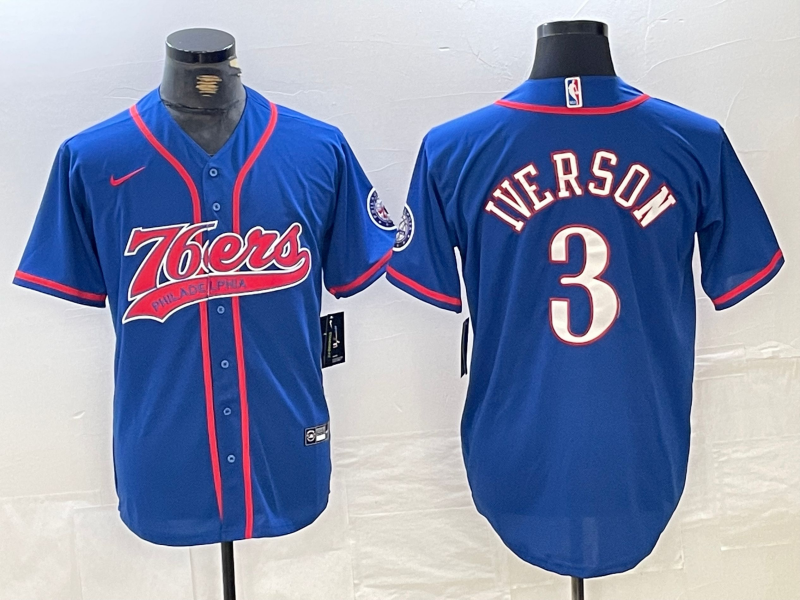 Philadelphia 76ers #3 Allen Iverson Blue With Patch Cool Base Stitched Baseball Jersey - Zenithce