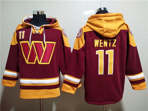 Washington Commanders #11 Carson Wentz Burgundy Lace-Up Pullover Hoodie - Zenithce