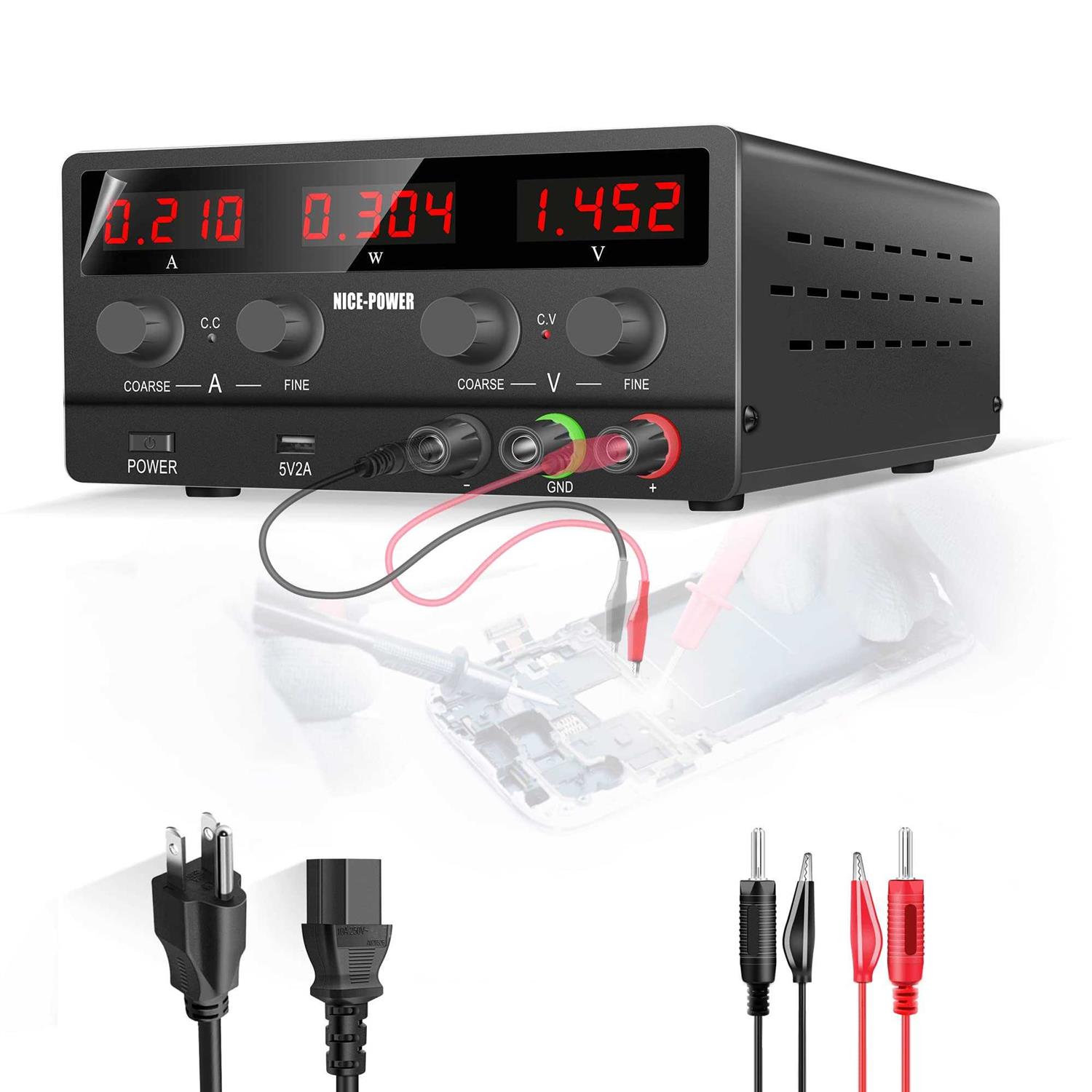 NICE-Power Adjustable DC Power Supply 30v 5A Variable Switching Regulated High Precision 4-Digits LED Display 5V/2A USB Port Output & Input Power - Zenithce
