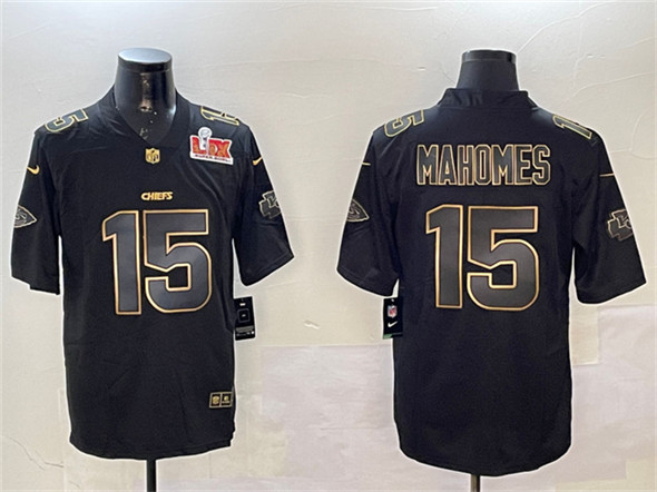 Kansas City Chiefs #15 Patrick Mahomes Black Gold 2025 Super Bowl LIX Patch Vapor Limited Stitched Jersey - Zenithce