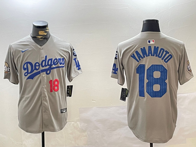 Los Angeles Dodgers #18 Yoshinobu Yamamoto Gray 2024 World Series With Fernando Memorial Patch Limited Stitched Jersey - Zenithce