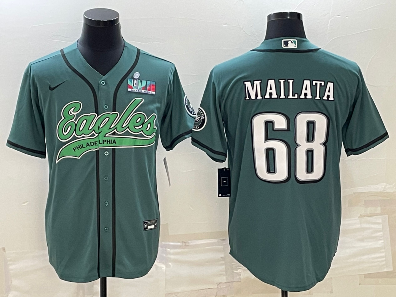 Philadelphia Eagles #68 Jordan Mailata Green With Super Bowl LVII Patch Cool Base Stitched Baseball Jersey - Zenithce