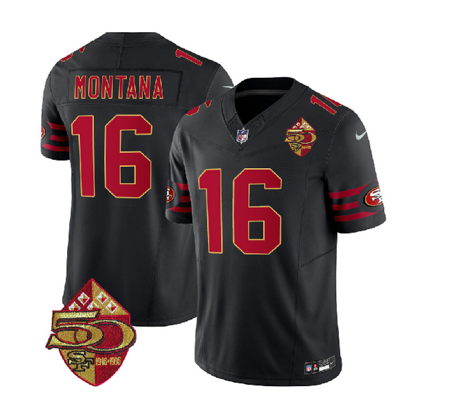 San Francisco 49ers #16 Joe Montana Black 2023 F.U.S.E. 50th Patch Throwback Stitched Jersey - Zenithce