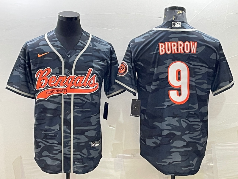 Cincinnati Bengals #9 Joe Burrow Grey Camo With Patch Cool Base Stitched Baseball Jersey - Zenithce