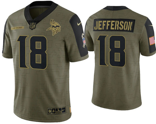 Minnesota Vikings #18 Justin Jefferson 2021 Olive Salute To Service Limited Stitched Jersey - Zenithce