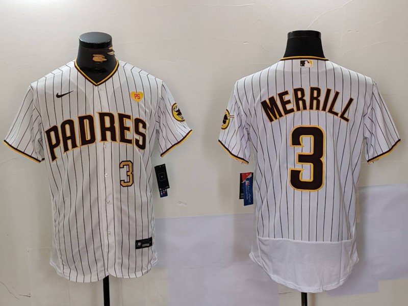San Diego Padres #3 Jackson Merrill White With PS Patch Flex Base Stitched Jersey - Zenithce