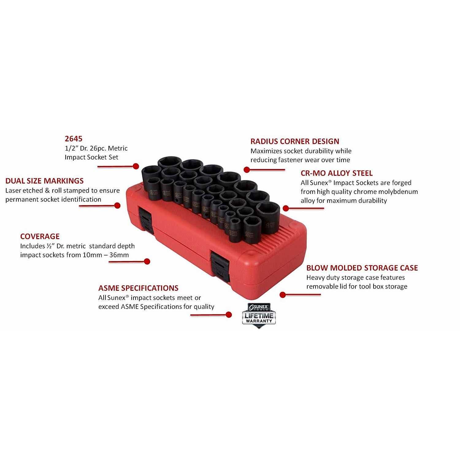Sunex 2645 26-Piece 1/2 in. Drive Metric Impact Socket Set - Zenithce