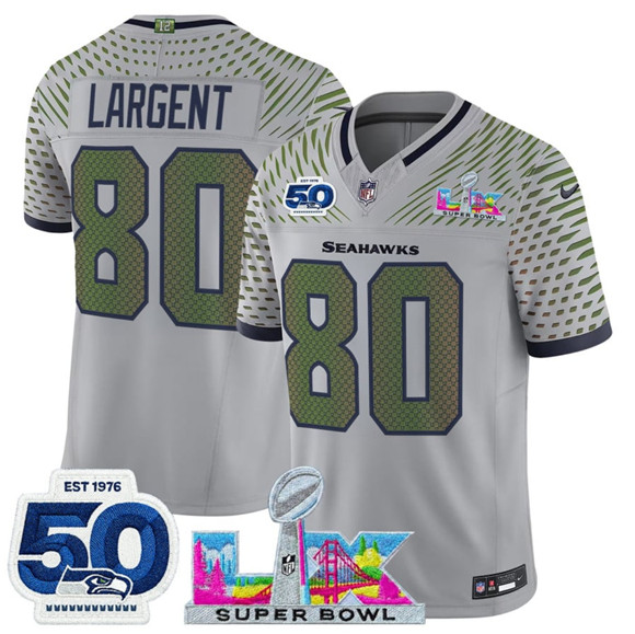 Seattle Seahawks #80 Steve Largent Gray 2025 F.U.S.E. Super Bowl LX Patch And 50th Season Patch “Rivalries” Vapor Limited Stitched Jersey - Zenithce