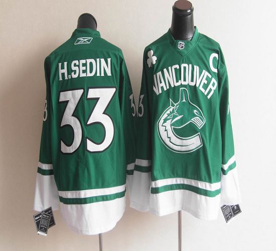 Canucks St Patty's Day #33 Henrik Sedin Green Stitched Jersey - Zenithce