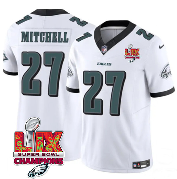 Philadelphia Eagles #27 Quinyon Mitchell White 2025 Eagles Logo Super Bowl LIX Patch New F.U.S.E. Vapor Limited Stitched Jersey - Zenithce