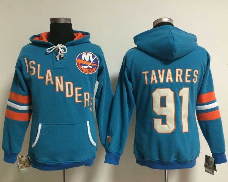 New York Islanders #91 John Tavares Baby Blue Women's Old Time Heidi NHL Hoodie - Zenithce