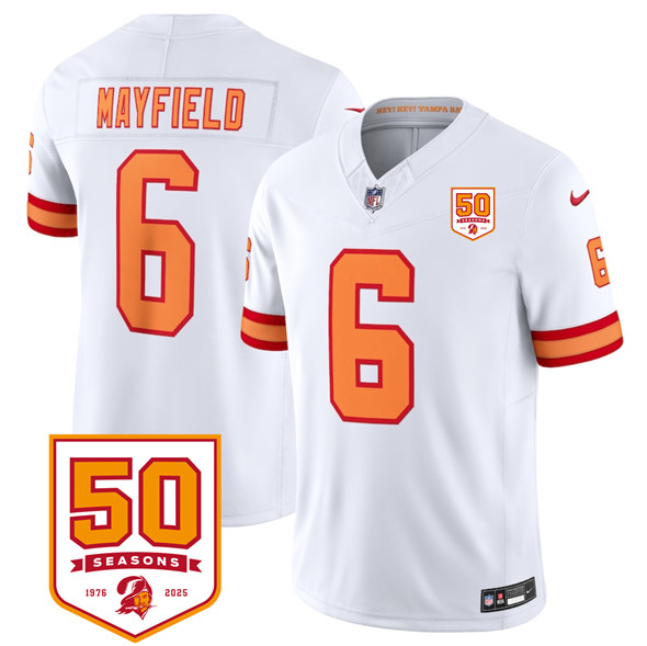 Tampa Bay Buccaneers #6 Baker Mayfield White 2025 F.U.S.E. 50th Anniversary Patch Vapor Untouchable Limited Football Stitched Jersey - Zenithce
