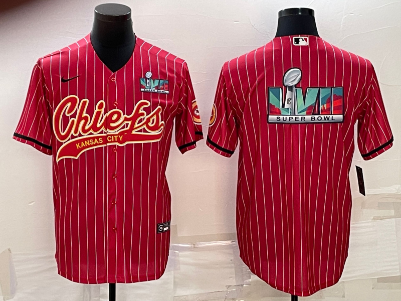 Kansas City Chiefs Red With Super Bowl LVII Big Logo Cool Base Stitched Baseball Jersey - Zenithce