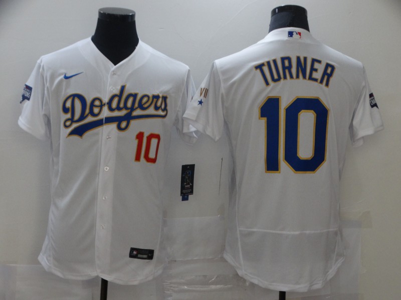 Los Angeles Dodgers #10 Justin Turner White Gold Championship Flex Base Sttiched Jersey - Zenithce