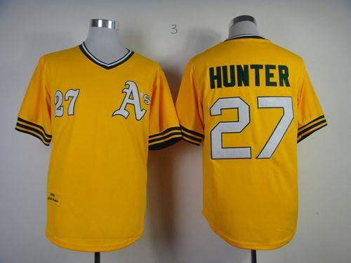 Mitchell And Ness Athletics #27 Catfish Hunter Yellow Throwback Stitched Jersey - Zenithce