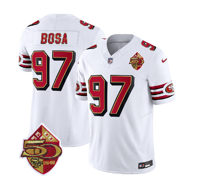 San Francisco 49ers #97 Nick Bosa White 2023 F.U.S.E. 50th Patch Throwback Stitched Jersey - Zenithce