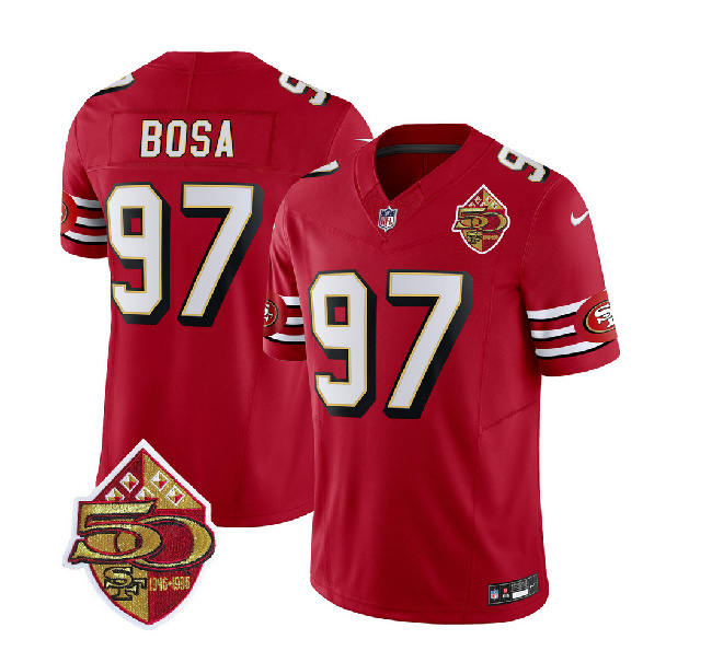 San Francisco 49ers #97 Nick Bosa Red 2023 F.U.S.E. 50th Patch Throwback Stitched Jersey - Zenithce