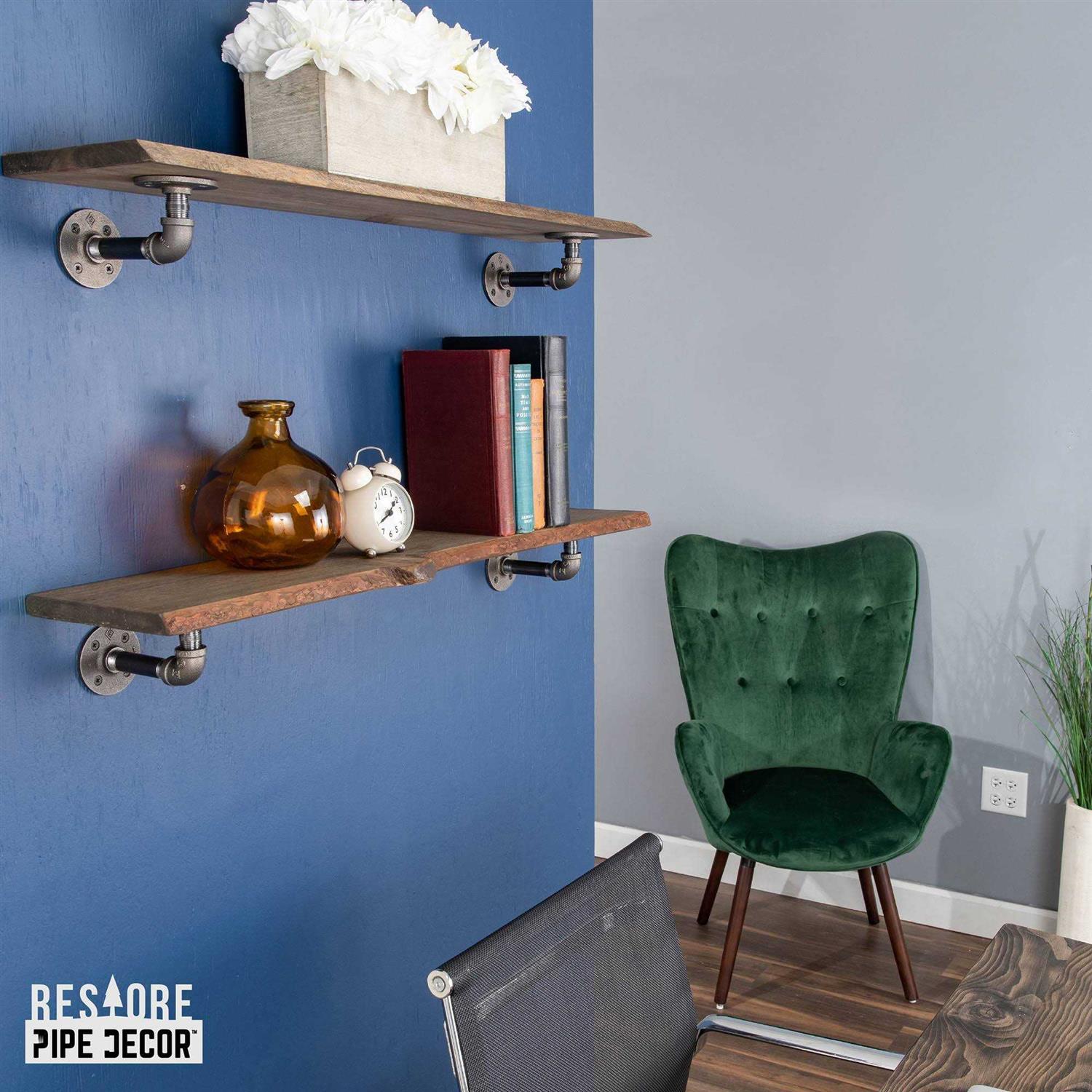 PIPE DECOR Live Edge Wood Shelf with L-Shaped Pipe Brackets - Zenithce