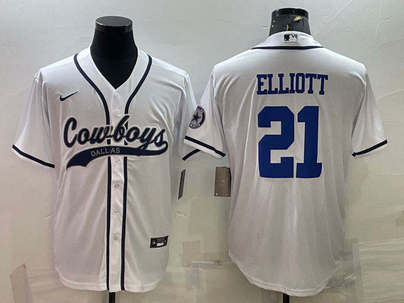 Dallas Cowboys #21 Ezekiel Elliott White With Patch Cool Base Stitched Baseball Jersey - Zenithce