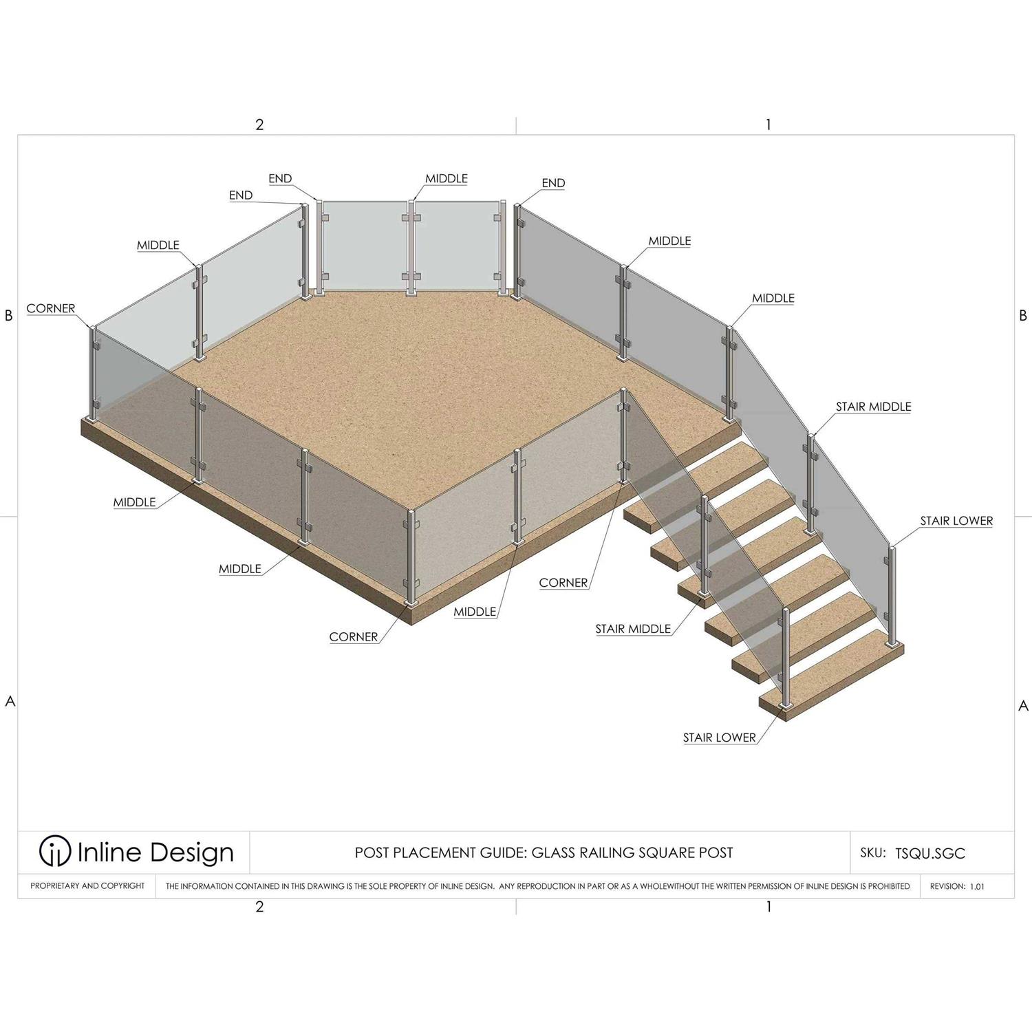 Heavy Duty Stainless Steel 316 Glass Railing Square Surface Post for 3/8 or 1/2 Glass by Inline Design 42 - Zenithce