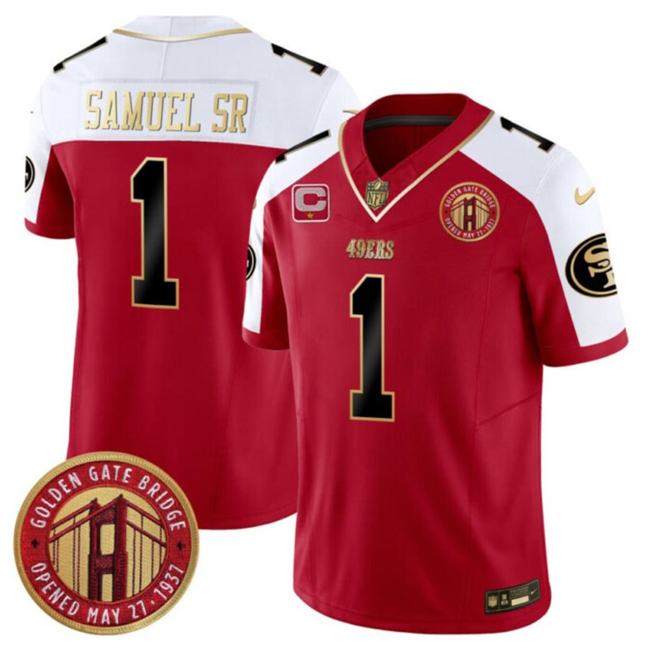 San Francisco 49ers #1 Deebo Samuel Sr. Red White F.U.S.E. With 1-Star C Patch And Golden Gate Bridge Patch Alternate Vapor Limited Stitched Jersey - Zenithce
