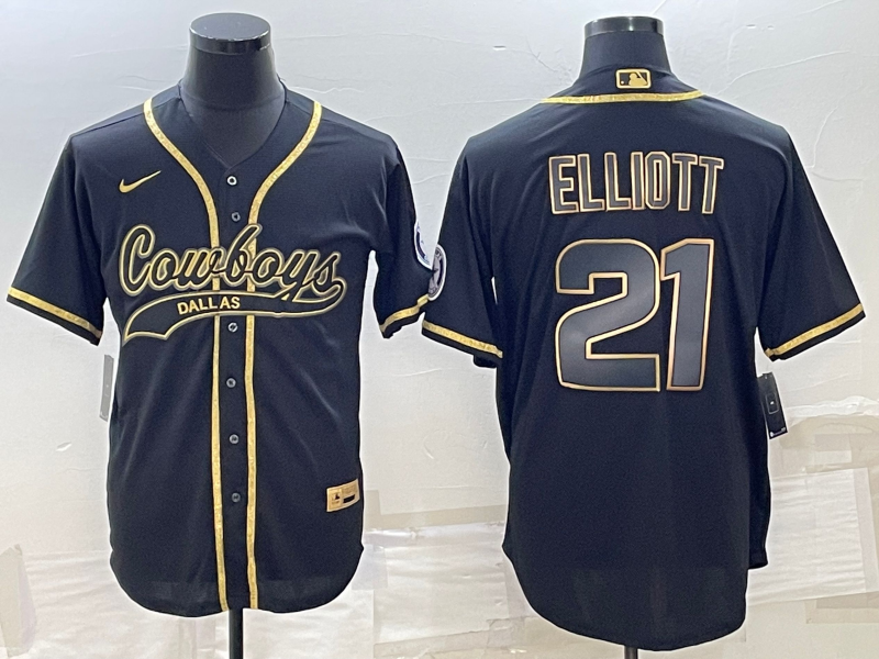 Dallas Cowboys #21 Ezekiel Elliott Black Gold With Patch Cool Base Stitched Baseball Jersey - Zenithce