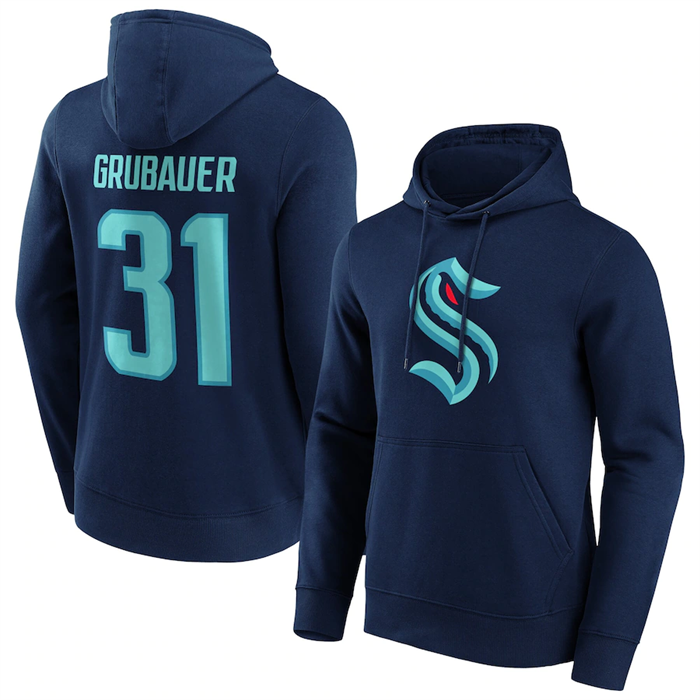 Seattle Kraken #31 Philipp Grubauer Navy Pullover Hoodie - Zenithce