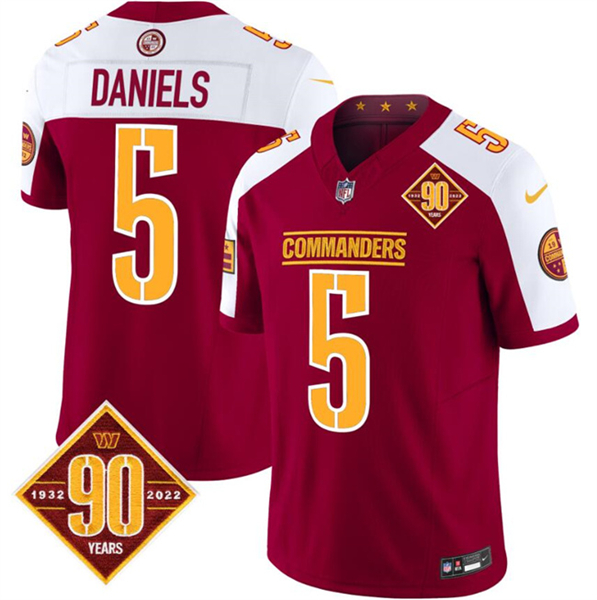 Washington Commanders #5 Jayden Daniels Burgundy White 2023 F.U.S.E. 90th Anniversary Vapor Limited Stitched Jersey - Zenithce
