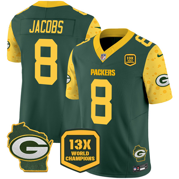 Green Bay Packers #8 Josh Jacobs Green 2024 F.U.S.E. 13 Time World Champions And Home Patch Vapor Untouchable Limited Stitched Jersey - Zenithce
