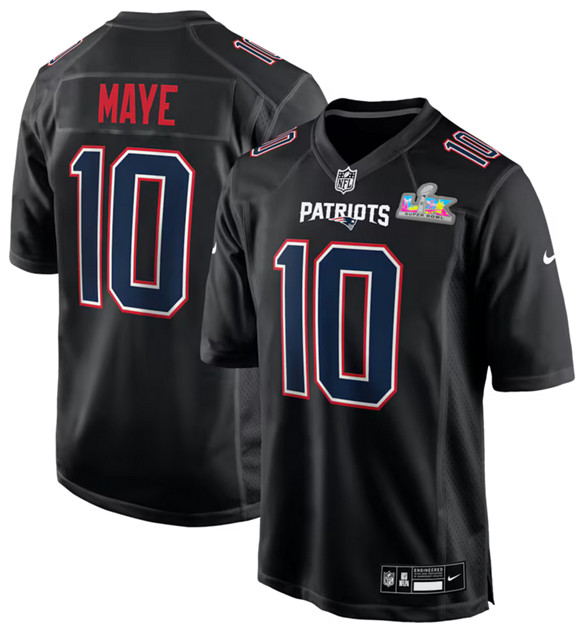 New England Patriots #10 Drake Maye Black 2025 Super Bowl LX Patch Carbon Fashion Stitched Game Jersey - Zenithce