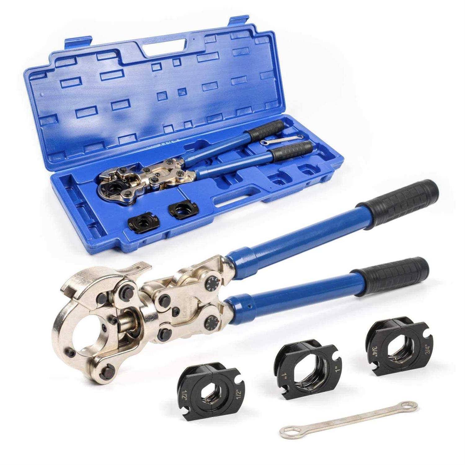 iCrimp Combo Angle Head Pex Pipe Plumbing Crimping Tool for Copper Crimp Jaw Sets 1/2 & 3/4 with Go/No-Go Crimp Gauge - Zenithce