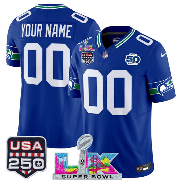 Seattle Seahawks Custom Royal 2025 F.U.S.E. Super Bowl LX US 250th anniversary Patch And 50th Season Patch Vapor Throwback Limited Stitched Jersey - Zenithce