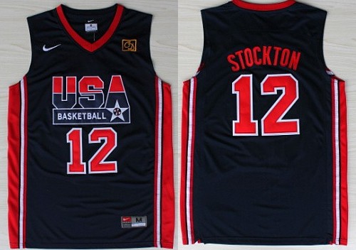 1992 Olympics Team USA #12 John Stockton Navy Blue Swingman Jersey - Zenithce
