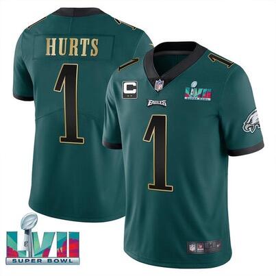 Philadelphia Eagles #1 Jalen Hurts Green Golden Super Bowl LVII Patch And 2-Star C Patch Vapor Untouchable Limited Stitched Jersey - Zenithce