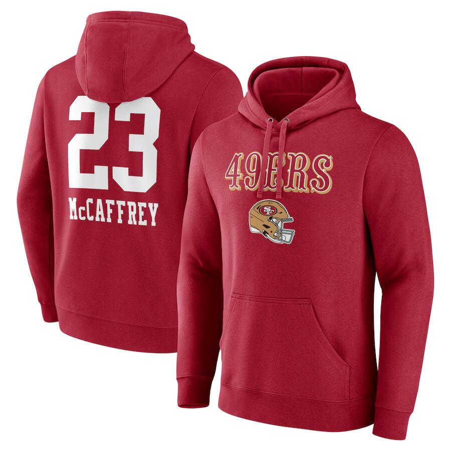 San Francisco 49ers #23 Christian McCaffrey Red Team Wordmark Player Name Number Pullover Hoodie - Zenithce