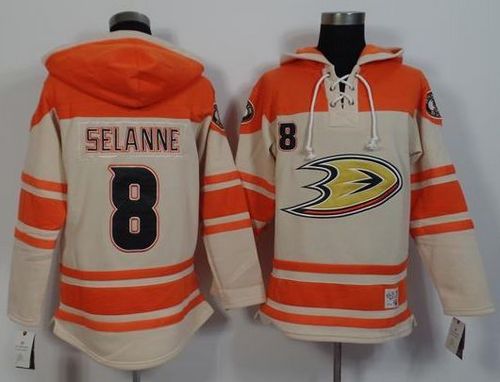 Ducks #8 Teemu Selanne Cream Orange Sawyer Hooded Sweatshirt Stitched Jersey - Zenithce