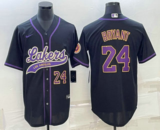 Los Angeles Lakers #24 Kobe Bryant Number Black With Patch Cool Base Stitched Baseball Jersey - Zenithce