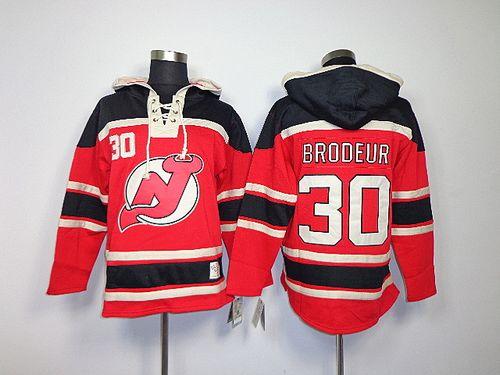 Devils #30 Martin Brodeur Red Sawyer Hooded Sweatshirt Stitched Jersey - Zenithce