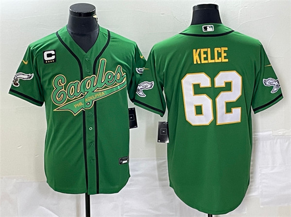 Philadelphia Eagles #62 Jason Kelce Green Gold With C Patch Cool Base Stitched Jersey - Zenithce