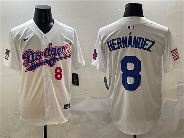 Los Angeles Dodgers #8 Enrique Hernández White With American Flag Patch Limited Stitched Jersey - Zenithce