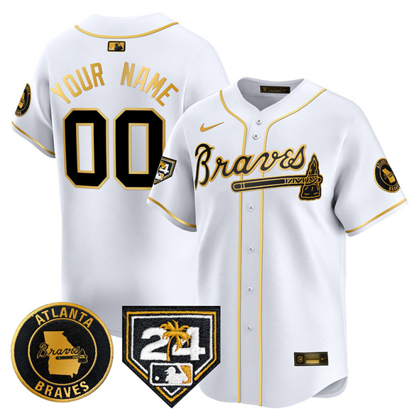 Atlanta Braves Customized White Gold 2024 Spring Training Patch Limited Stitched Jersey - Zenithce
