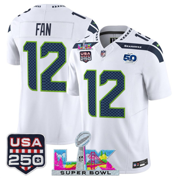 Seattle Seahawks #12 Fan White 2025 F.U.S.E. Super Bowl LX Patch And 50th Season USA 250' Patch Vapor Limited Stitched Jersey - Zenithce