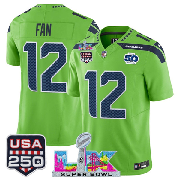 Seattle Seahawks #12 Fan Green 2025 F.U.S.E. Super Bowl LX Patch And 50th Season USA 250' Patch Vapor Limited Stitched Jersey - Zenithce