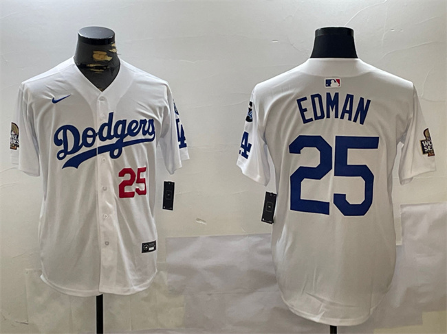 Los Angeles Dodgers #25 Tommy Edman White 2024 World Series With Fernando Memorial Patch Home Limited Stitched Jersey - Zenithce