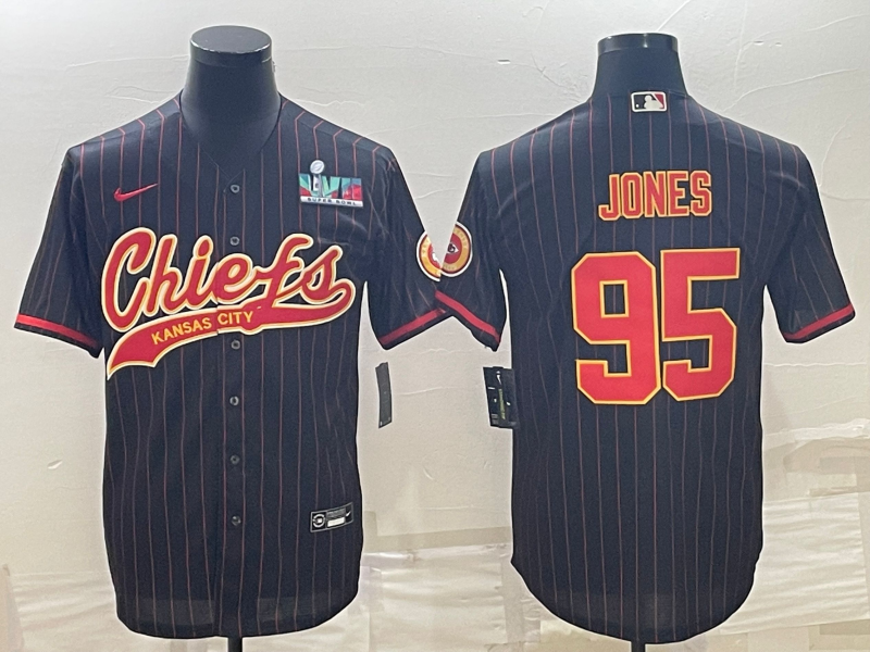 Kansas City Chiefs #95 Chris Jones Black With Super Bowl LVII Patch Cool Base Stitched Baseball Jersey - Zenithce