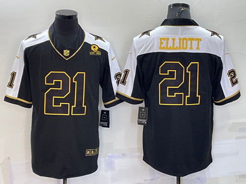 Dallas Cowboys #21 Ezekiel Elliott Black Gold Thanksgiving With Patch Stitched Jersey - Zenithce