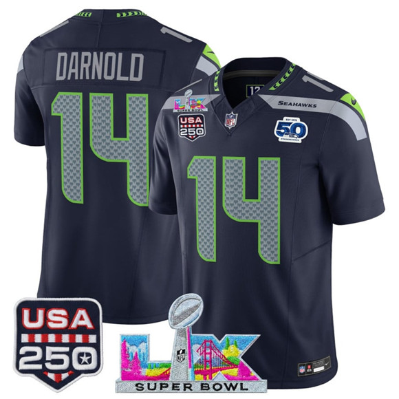 Seattle Seahawks #14 Sam Darnold Navy 2025 F.U.S.E. Super Bowl LX Patch And 50th Season USA 250' Patch Vapor Throwback Limited Stitched Jersey - Zenithce