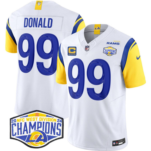 Los Angeles Rams #99 Aaron Donald White 2024 NFC West Champions With 4-Star C Patch F.U.S.E. Vapor Untouchable Stitched Jersey - Zenithce