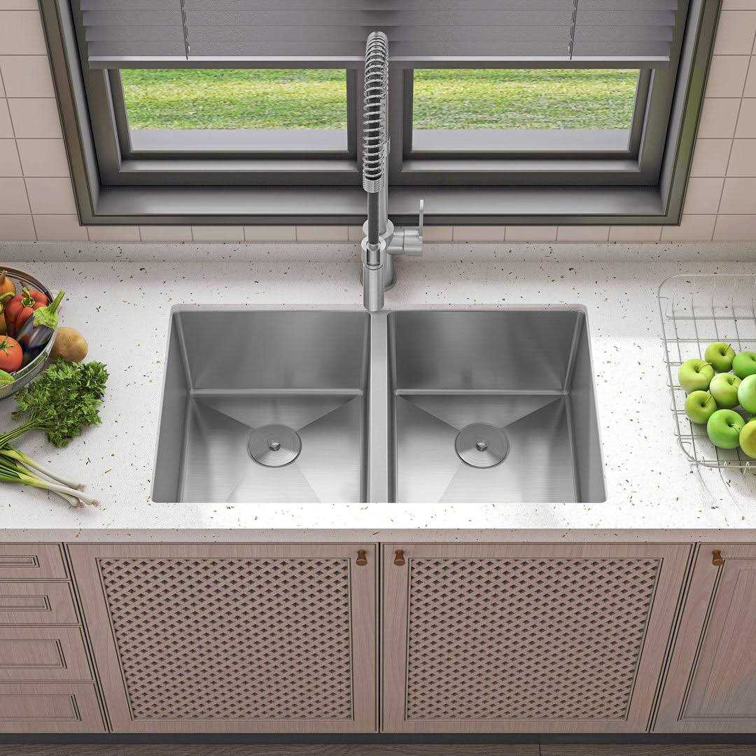 Sinber 304 Stainless Steel 18 Gauge 33 in. Double Bowl Drop-in Kitchen Sink HT3322D-S-9W - Zenithce