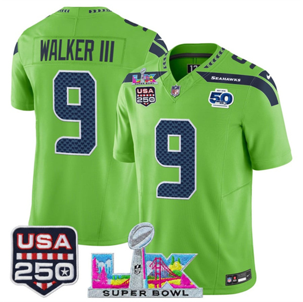 Seattle Seahawks #9 Kenneth Walker III Green 2025 F.U.S.E. Super Bowl LX Patch And 50th Season USA 250' Patch Vapor Limited Stitched Jersey - Zenithce